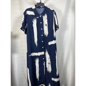 Shein Curve Navy Blue White Abstract Brushstroke Button Down Shirt Dress 3XL